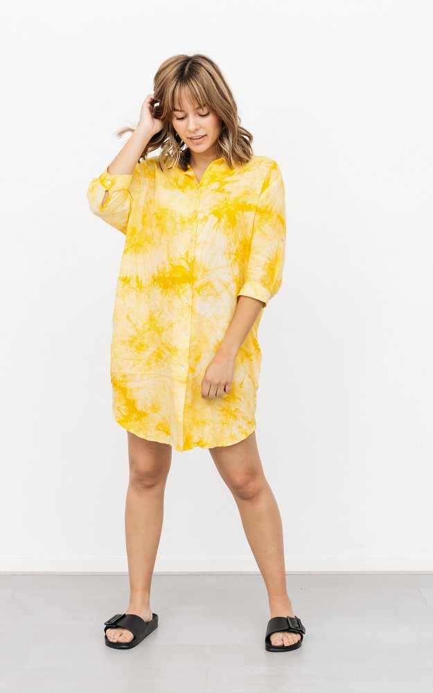 yellow dress with buttons down the front