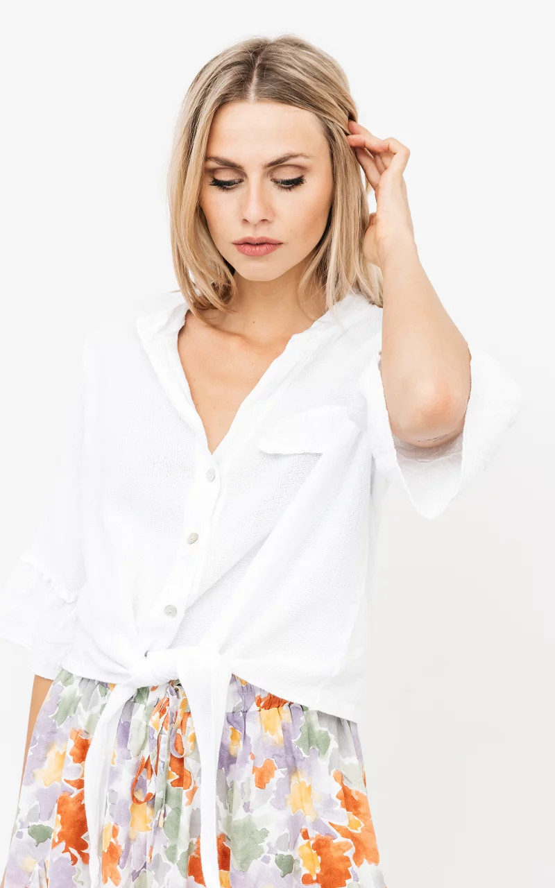 Cropped blouse with a waist tie White