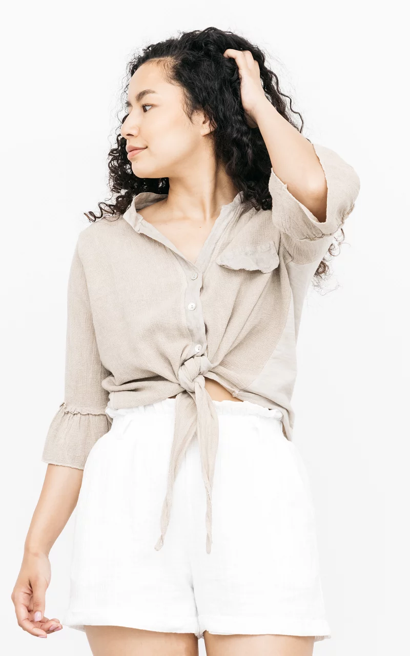 Cropped blouse with a waist tie Beige