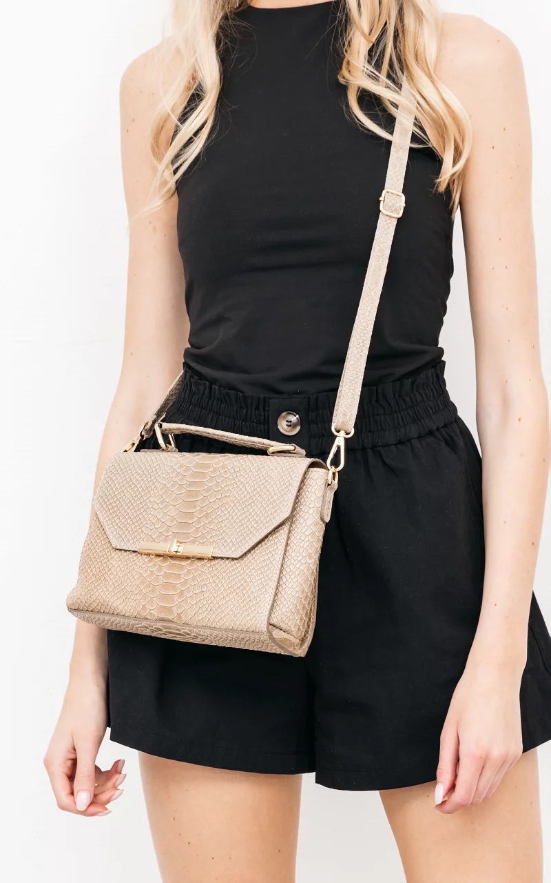 Leather crocodile patterned bag Beige Gold