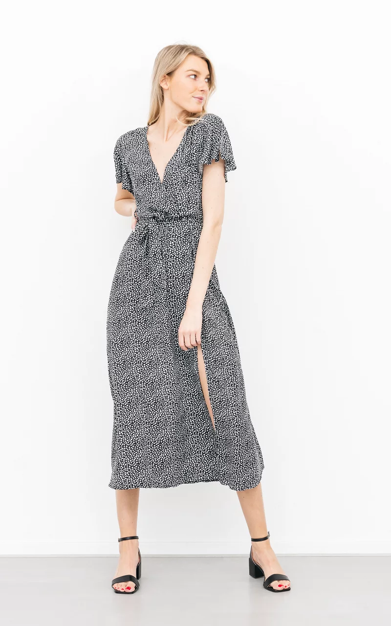 Patterned maxi dress with a split Black White