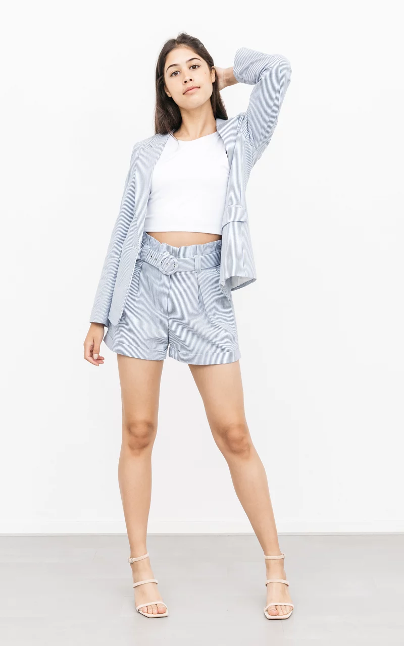 Gestreepte paperbag short met riem Lichtblauw Wit