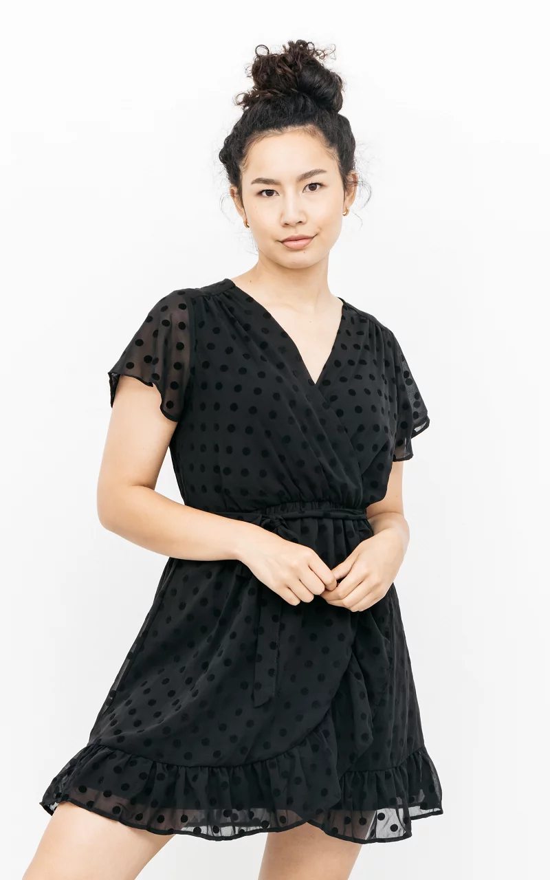 V-hals jurk met velvet details Zwart