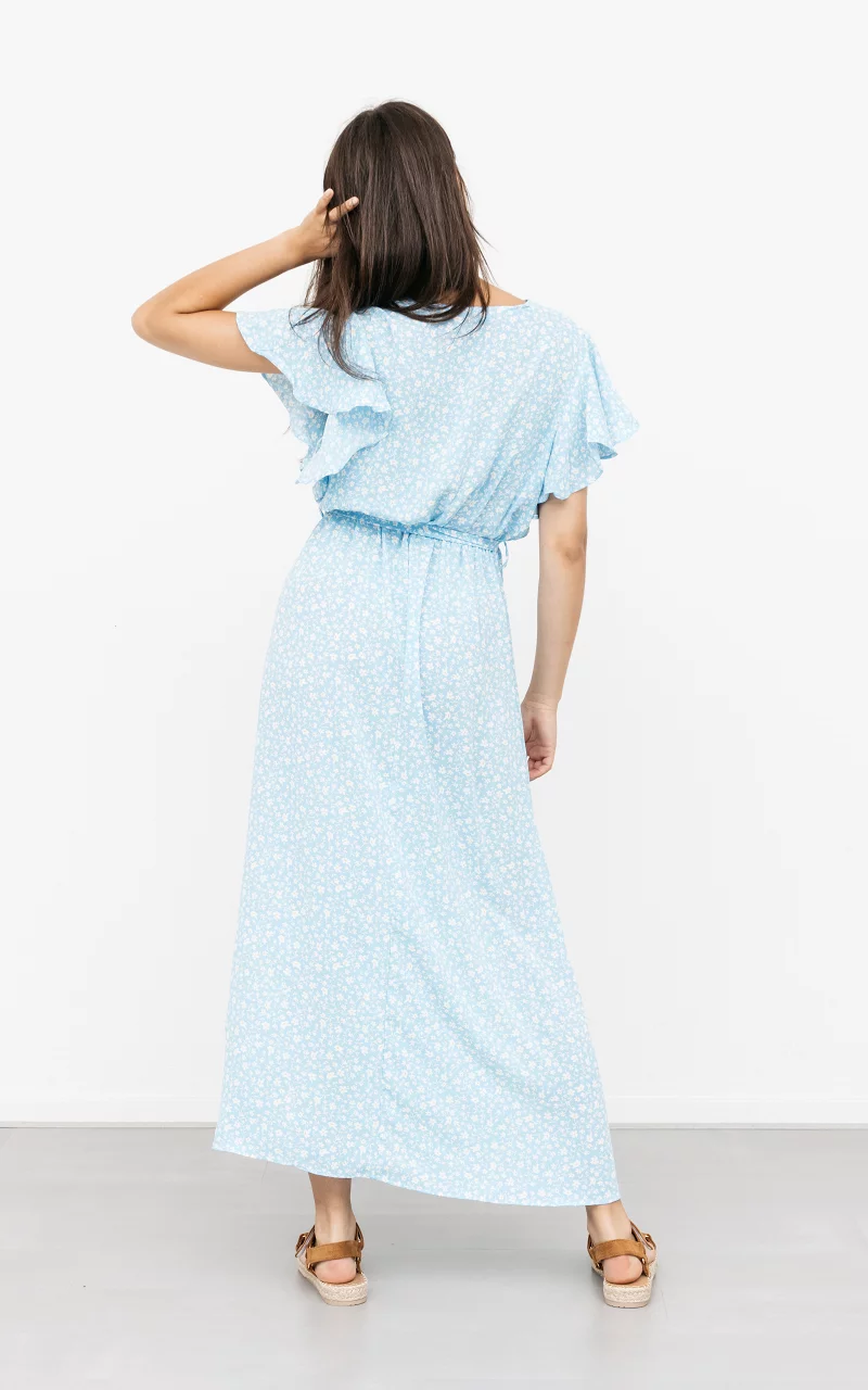 Maxi jurk met split en bloemenprint Lichtblauw Wit