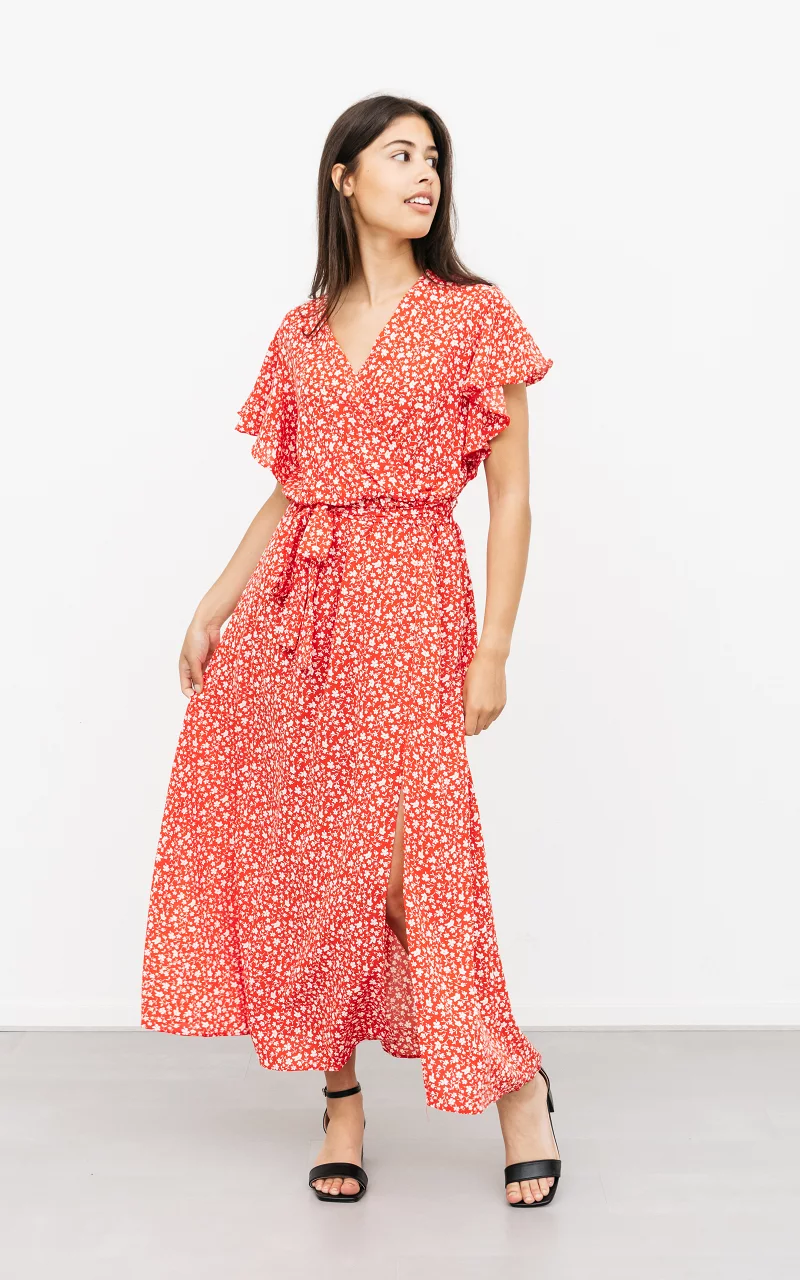 Maxi jurk met split en bloemenprint Rood Wit