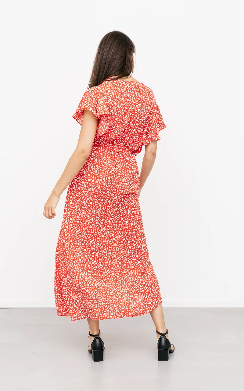 Maxi jurk met split en bloemenprint Rood Wit