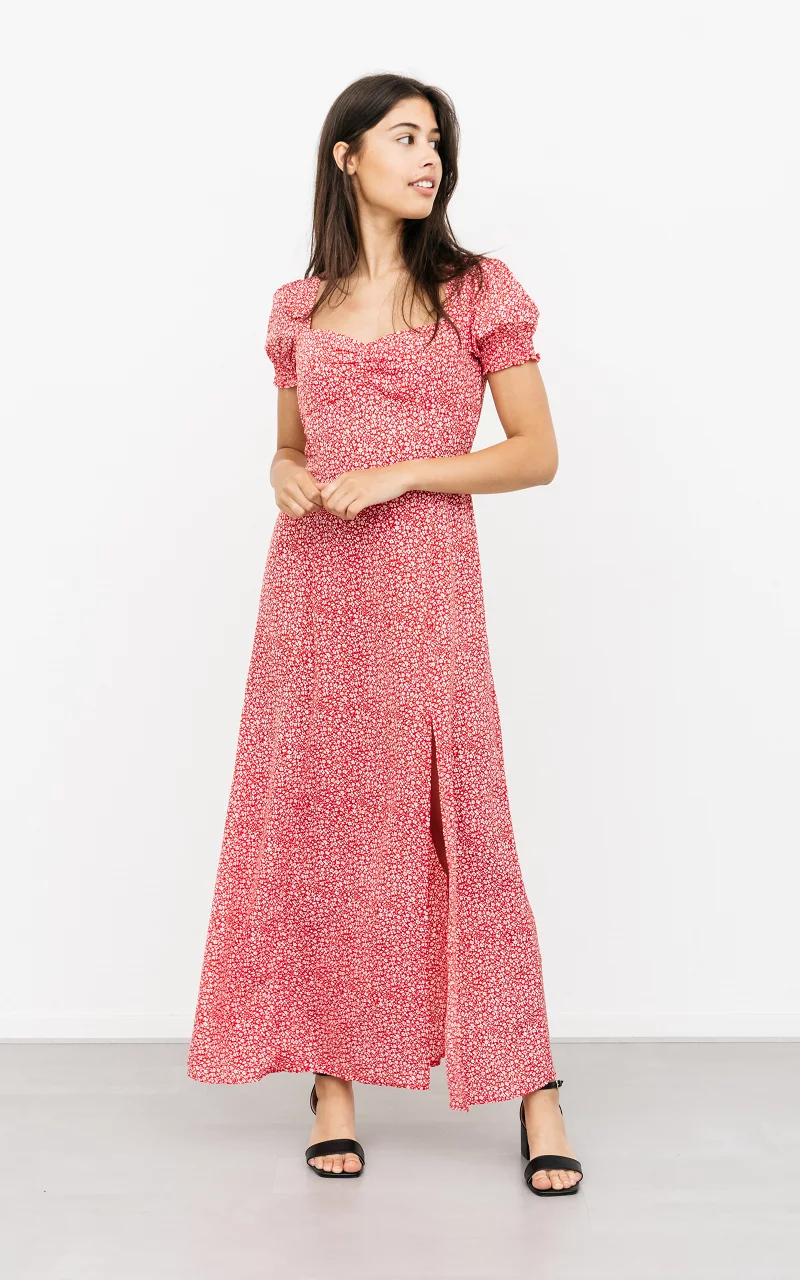Maxi jurk met bloemenprint en split Rood Wit