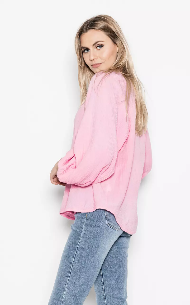Katoenen blouse met v-hals Roze