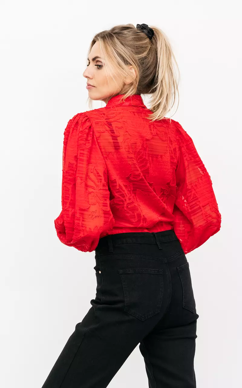 See through blouse met pofmouwen Rood