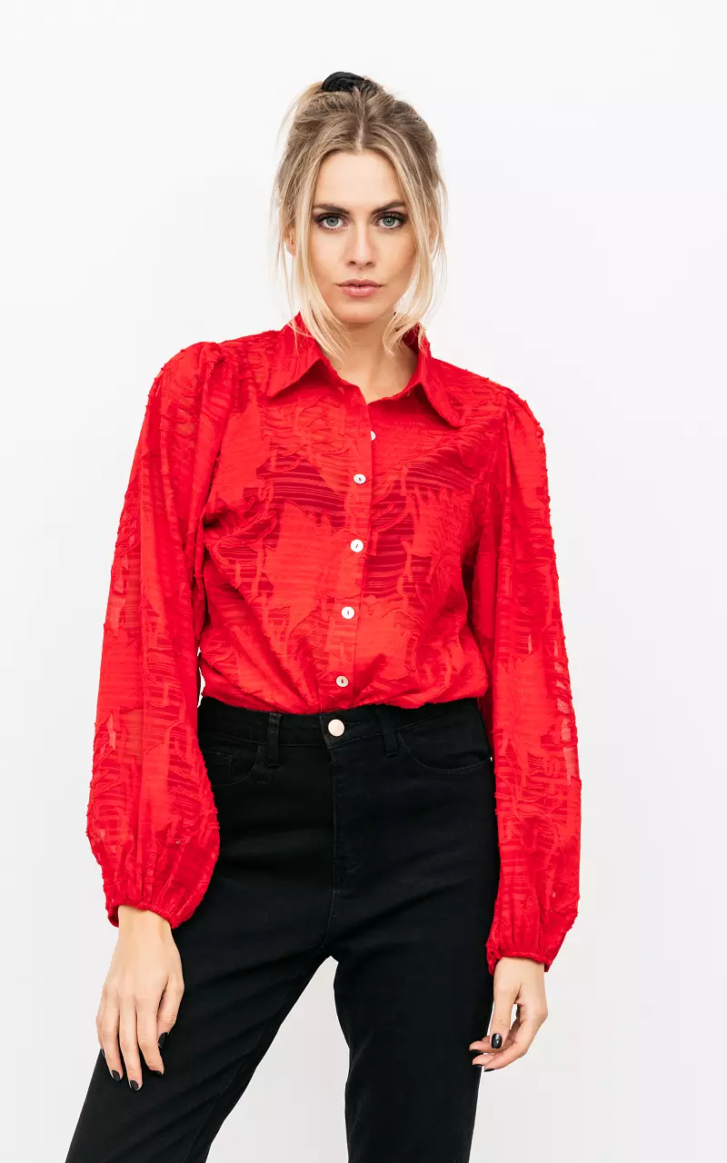 See through blouse met pofmouwen Rood