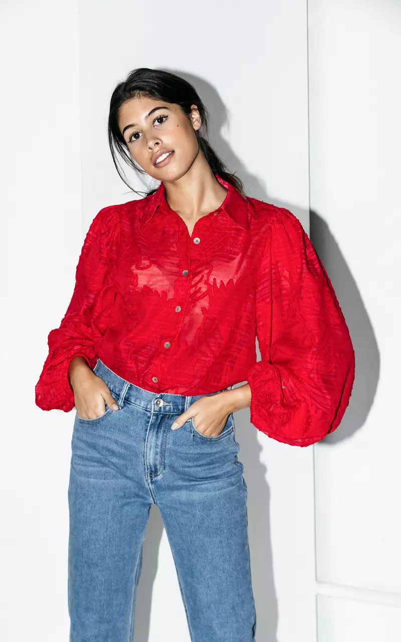 See-through blouse with balloon sleeves Red