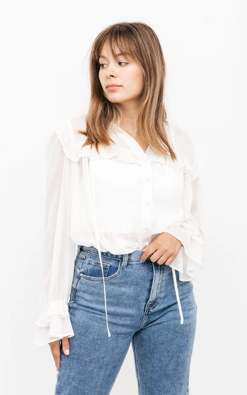 See through blouse met ruches Wit