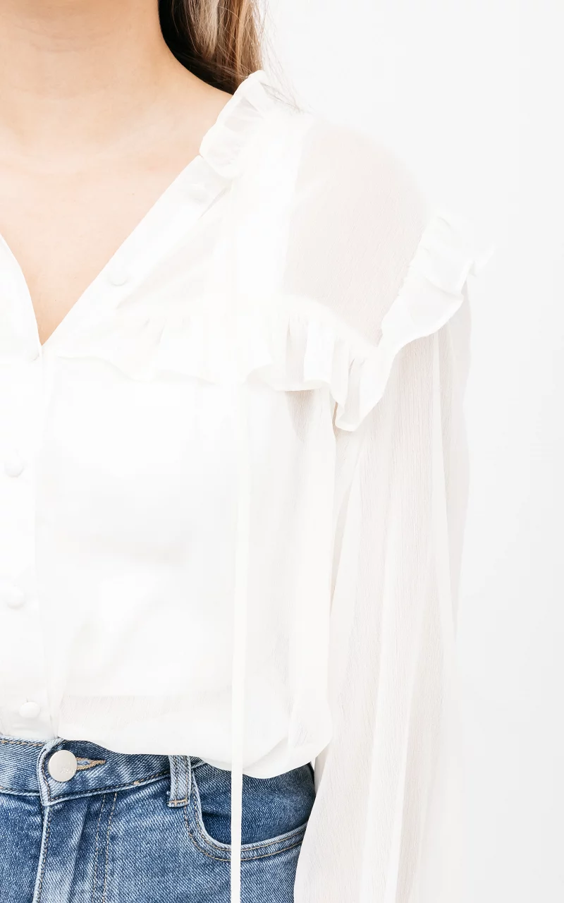 See through blouse met ruches Wit