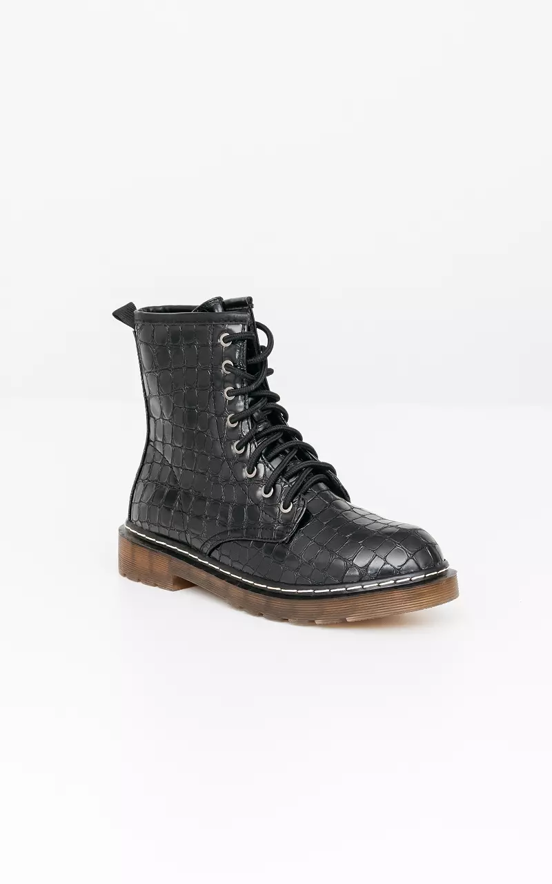 Lace-up boots with crocodile print Black