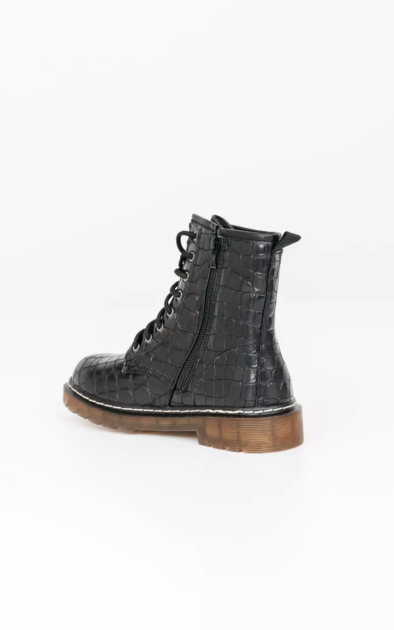 Lace-up boots with crocodile print Black