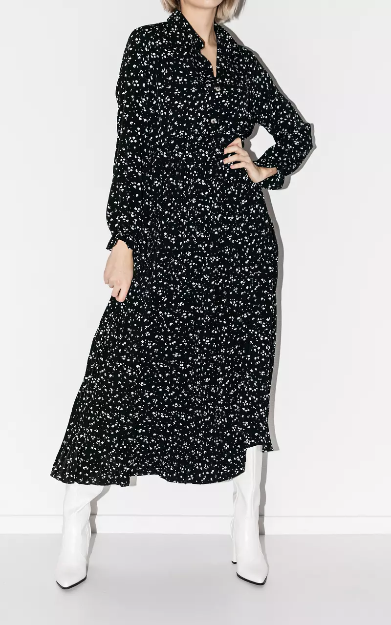 Maxi jurk met plissé Zwart Wit