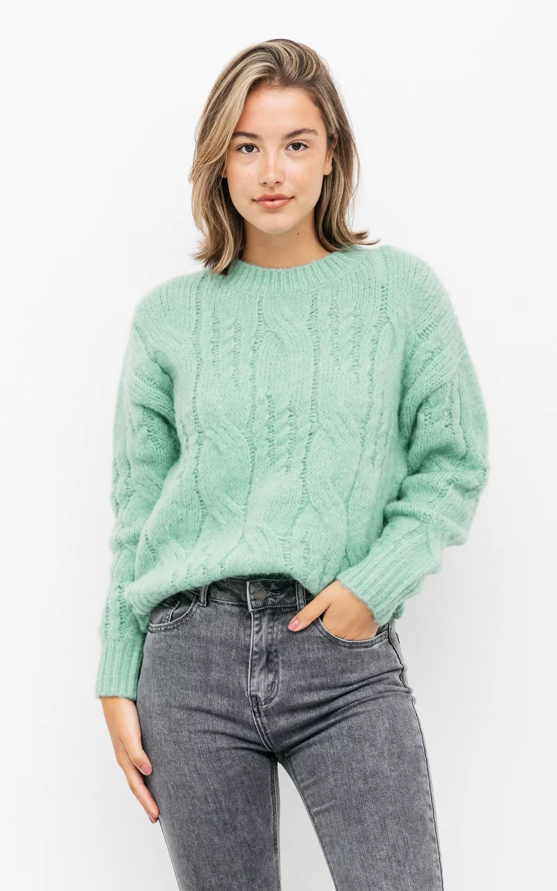 Cable-knit sweater with round neck Light Green