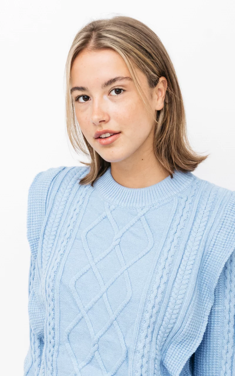 Cable-knit sweater with flounces Light Blue