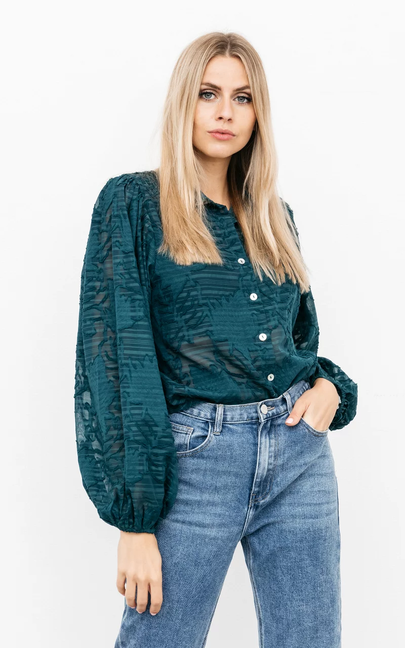 See-through blouse with balloon sleeves Dark Green