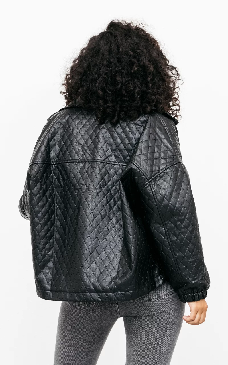 Leather look jas met ruitjespatroon  Zwart