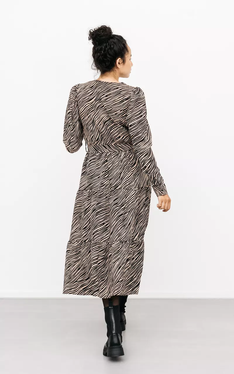 V-neck dress with waist tie Beige Black