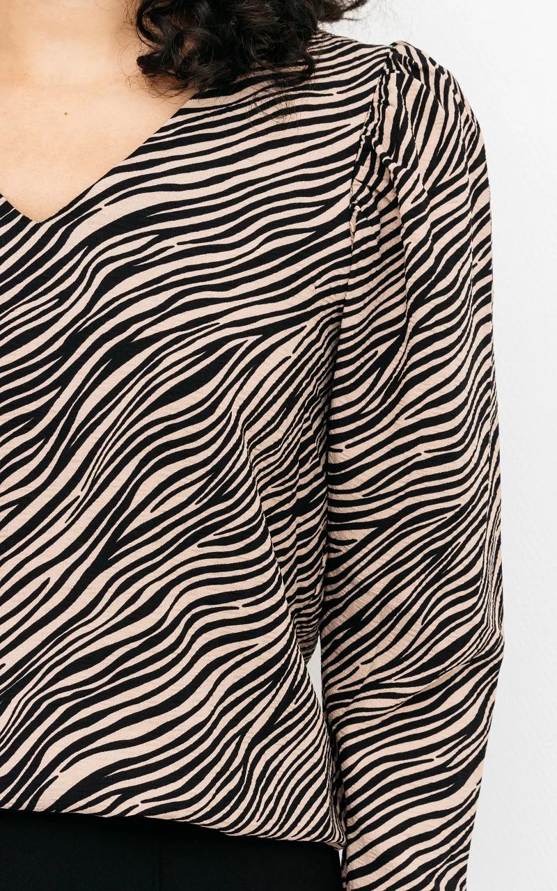 Zebra print top with puffed sleeves Black Beige