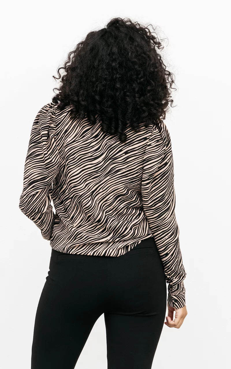 Zebra print top with puffed sleeves Black Beige