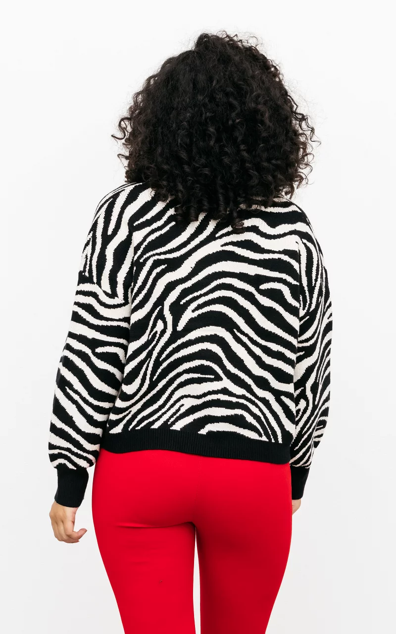 Zebra print trui met rits Zwart Creme