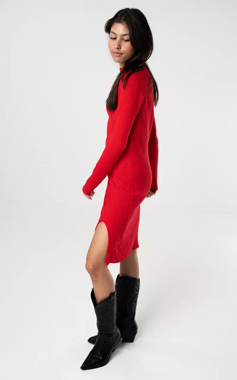 Ribbed dress with turtleneck Red