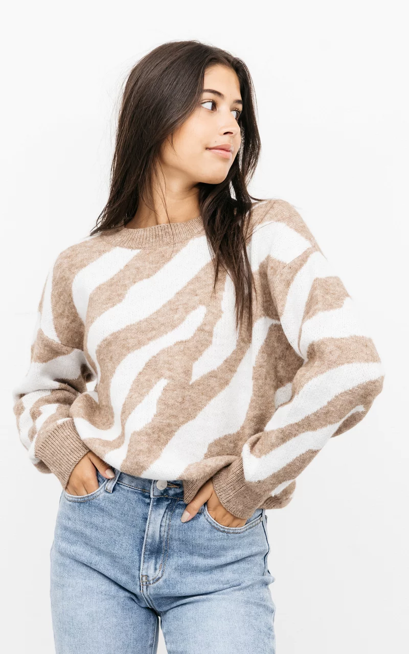 Oversized Pullover mit Muster Weiß Hellbraun