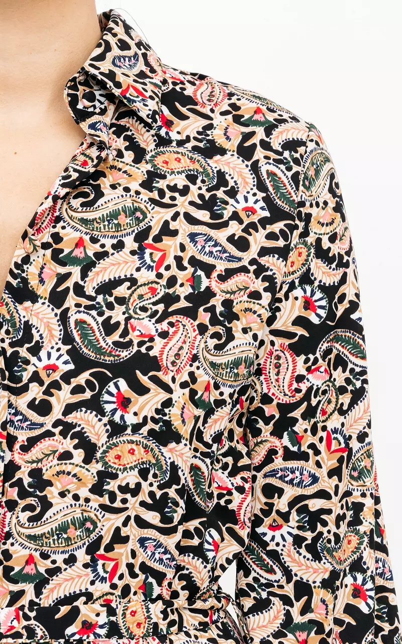 Paisley print dress with waist tie Black Beige