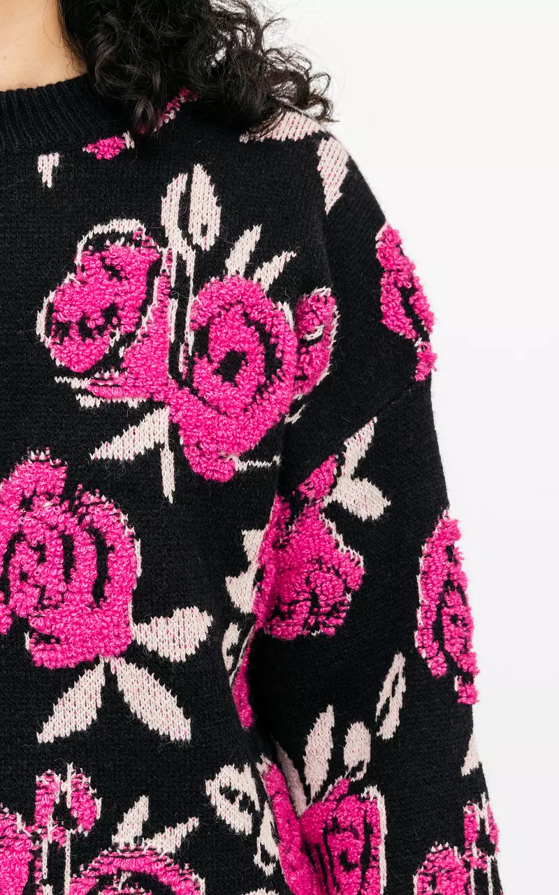 Romantischer Oversized Pullover mit Rosen Schwarz Pink