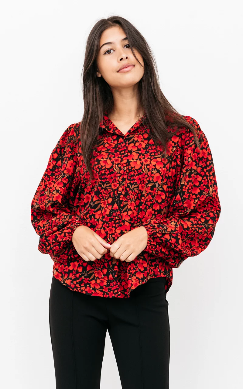 Flower print blouse with balloon sleeves Red Black