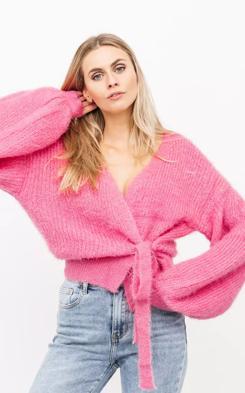 Fluffy cardigan with waist tie Pink