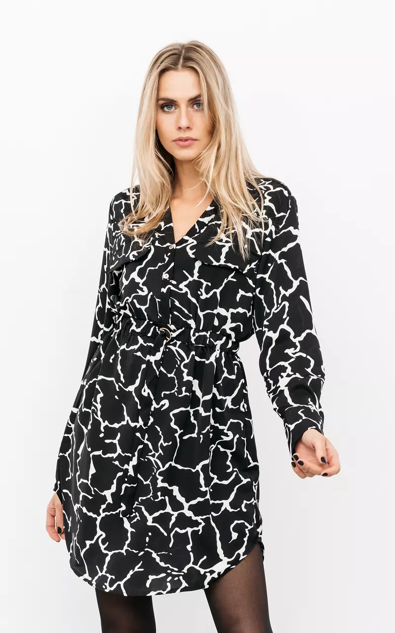 Printed dress with buttons Black White