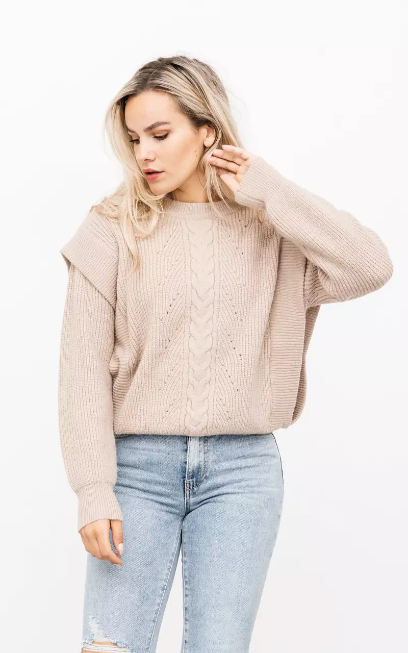 Cable-knit sweater with shoulder pads Light Brown