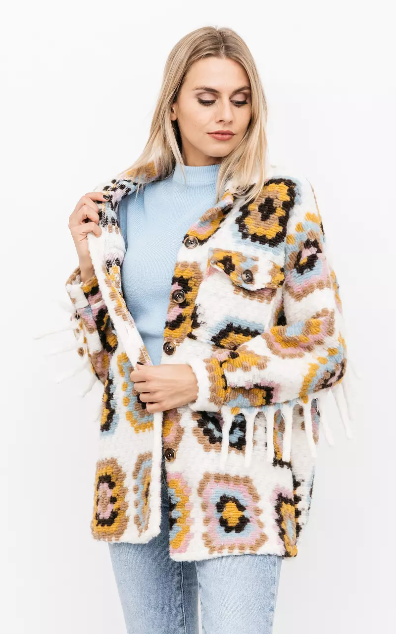 Coloured coat with fringes White Yellow Ocher