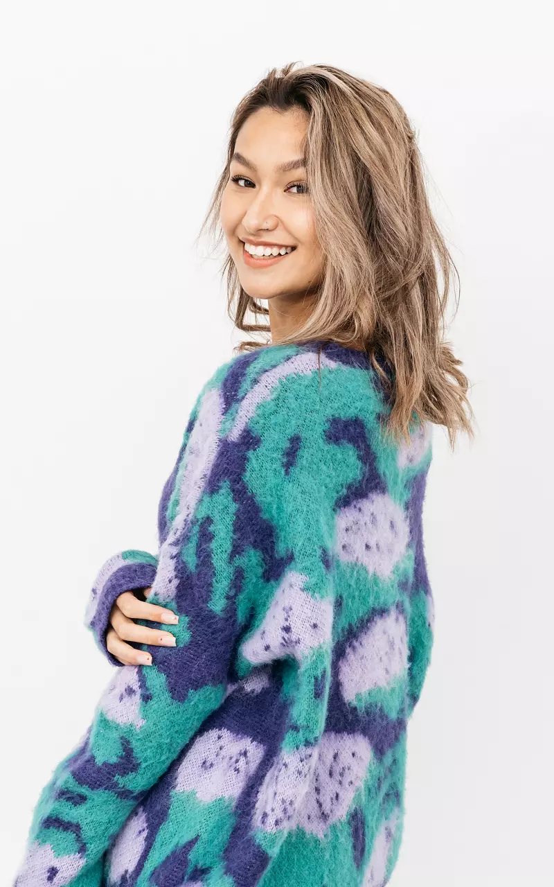 Oversized Pullover mit buntem Muster Lila Grün