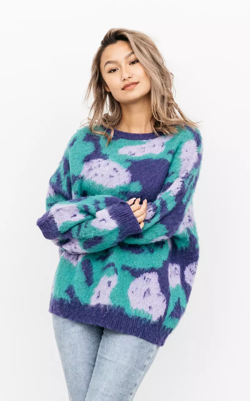 Oversized Pullover mit buntem Muster Lila Grün