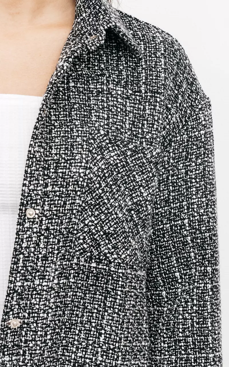 Tweed-Bluse mit Druckknöpfen Schwarz Weiß