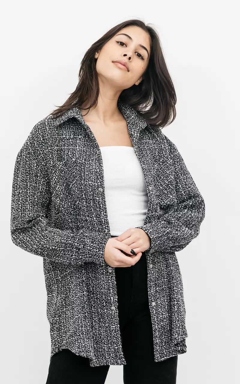 Tweed-Bluse mit Druckknöpfen Schwarz Weiß