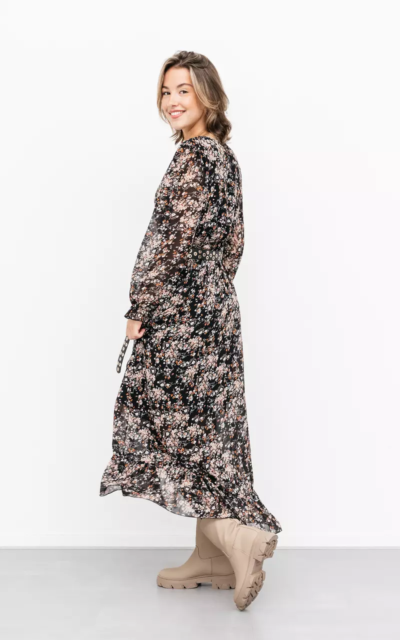 Florales Maxi-Kleid mit Volant Schwarz Rost