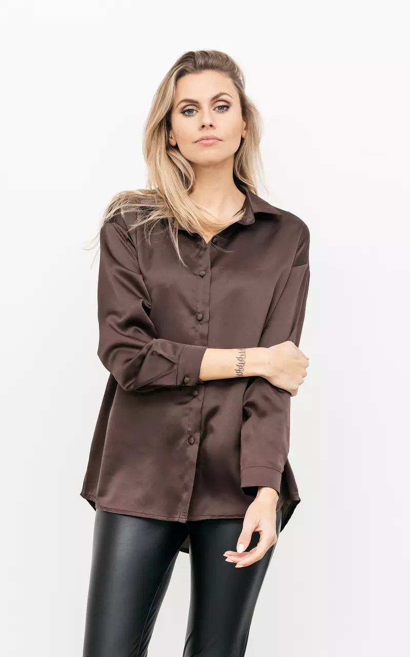 Satin-look blouse with buttons Dark Brown