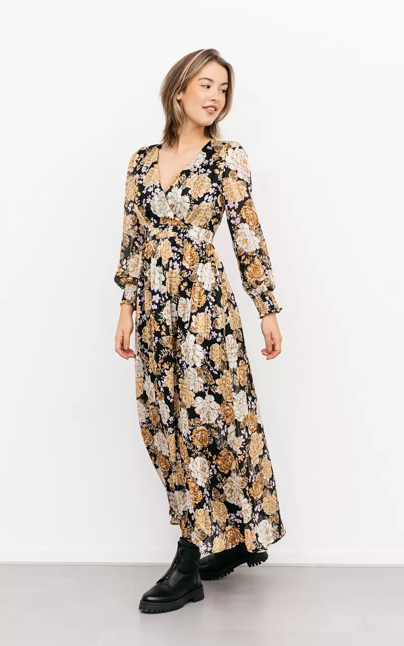 Floral print maxi dress with split Black Yellow
