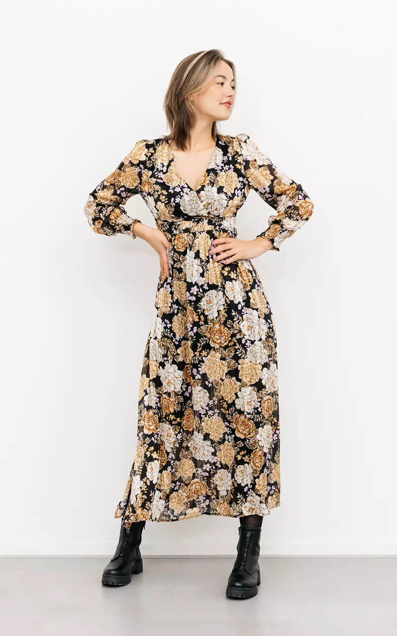 Maxi jurk met bloemenprint en split Zwart Geel