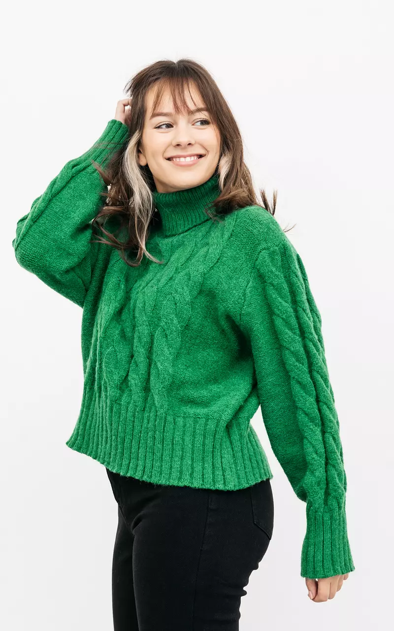 Cable knit sweater with high neck Green
