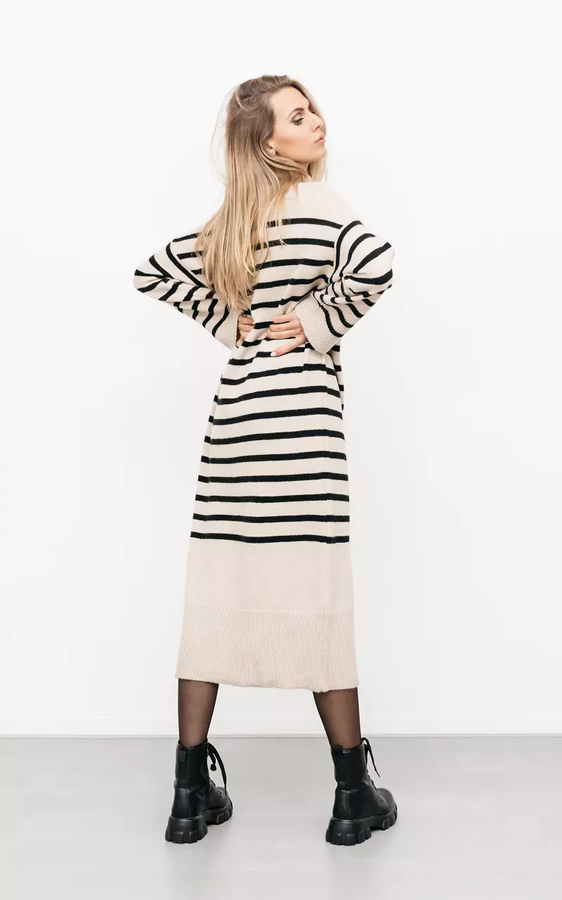 Jurk meteen streepjes patroon Beige Zwart