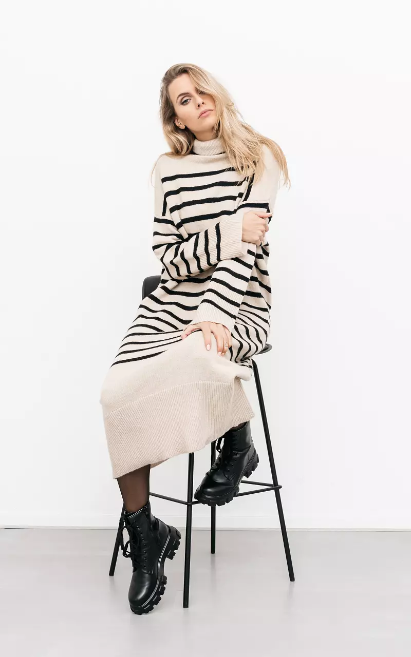 Turtleneck dress with stripes Beige Black