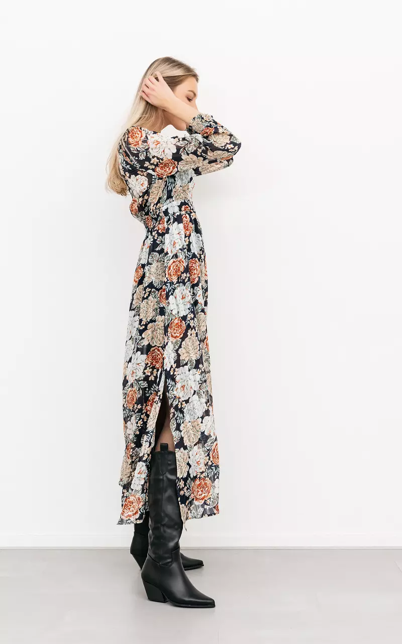Maxi jurk met bloemenprint en split Donkerblauw Wit