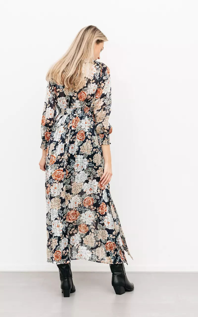 Maxi jurk met bloemenprint en split Donkerblauw Wit